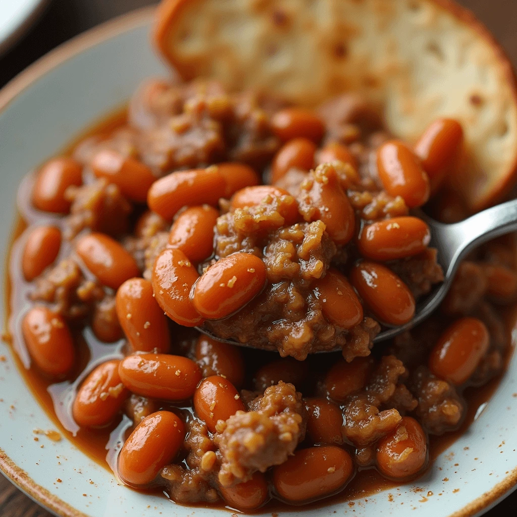 Close-up of baked beans and ground beef served in a bowl with a slice of bread in the background.