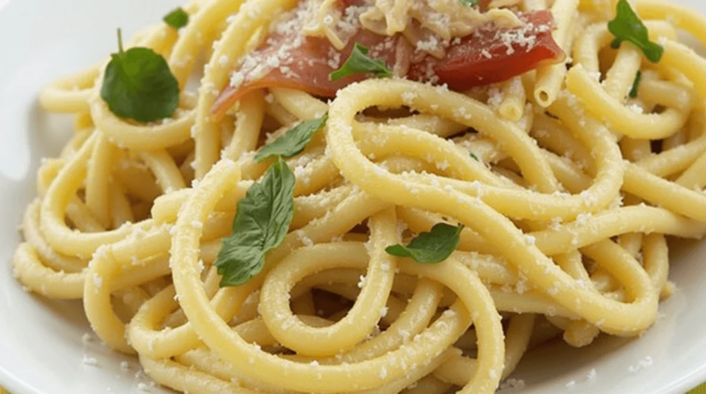 A creamy plate of pasta made with Boursin cheese, garnished with herbs and fresh vegetables.