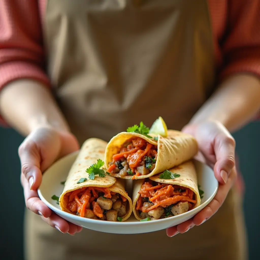 A person holding a plate with three freshly made chorizo breakfast burritos garnished with cilantro and lime wedges, filled with vibrant orange chorizo, diced potatoes, and greens.