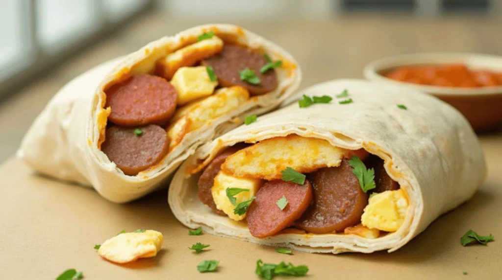 A chorizo breakfast burrito filled with scrambled eggs, chorizo, cheese, and salsa.