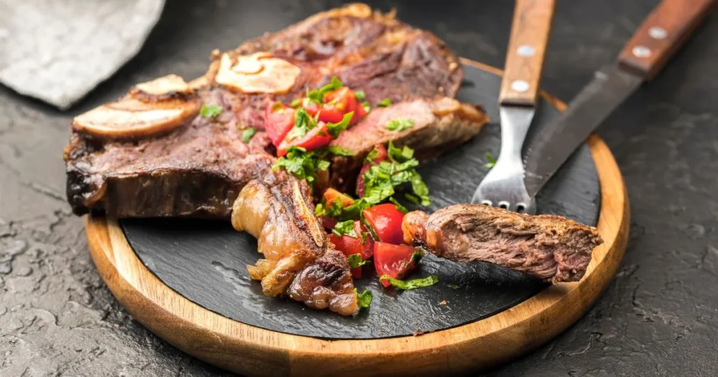 Juicy tomahawk steak served on a plate with herbs and spices, showcasing a thick cut of meat with a long bone handle.