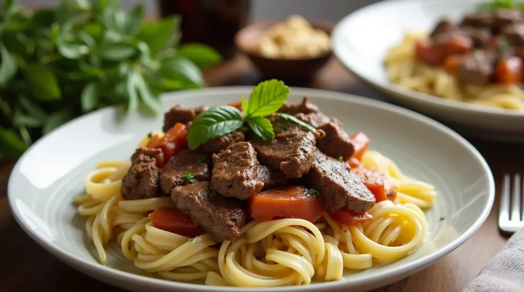 A plate of beef steak pasta, featuring tender steak strips, pasta, and a savory sauce, garnished with herbs.