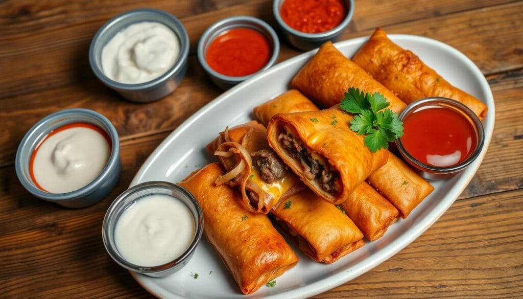 Philly Cheesesteak Egg Rolls with Dipping Sauces