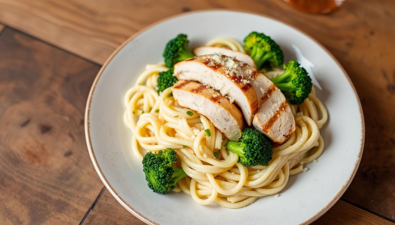 A comforting plate of ziti pasta with tender chicken and sautéed broccoli, served with a flavorful sauce.