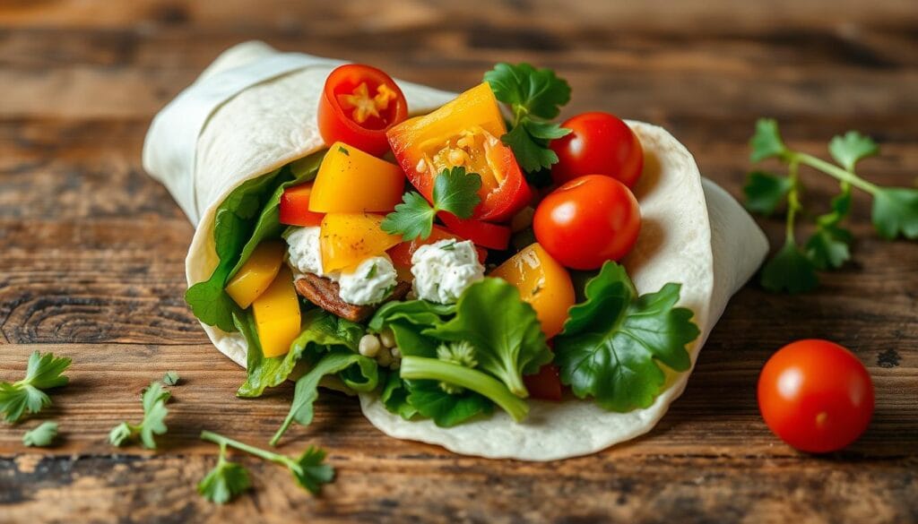 A fresh cottage cheese wrap with a mix of crunchy vegetables and creamy filling, wrapped in a soft tortilla.