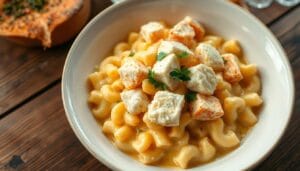 Mac and cheese topped with tender crab meat, creating a creamy, flavorful seafood twist on the classic dish.