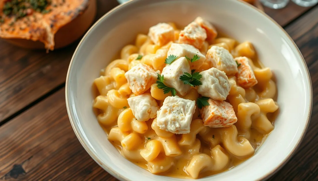 Mac and cheese topped with tender crab meat, creating a creamy, flavorful seafood twist on the classic dish.