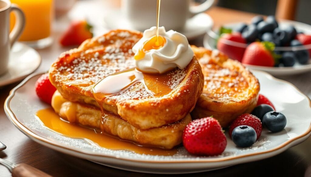 A plate of croissant French toast served with fresh berries, a dusting of powdered sugar, and a side of syrup, perfect for breakfast.