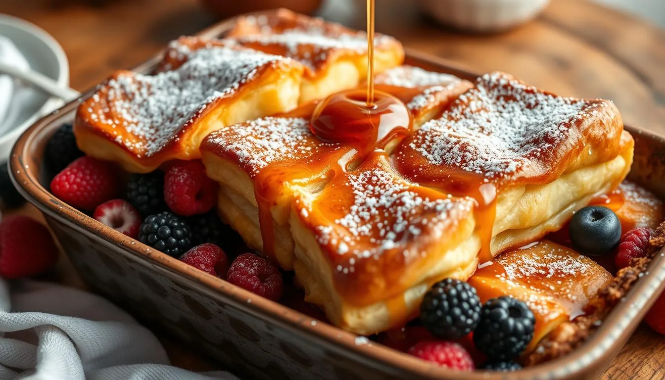 A decadent French toast croissant casserole baked to perfection, topped with powdered sugar and fresh berries.