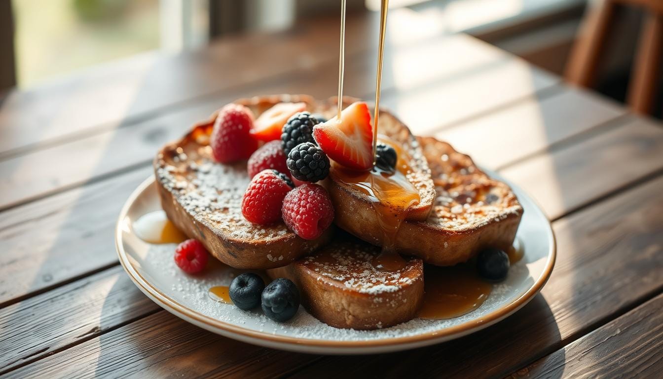 Crispy, golden French toast made with sourdough bread, topped with syrup and fresh berries.