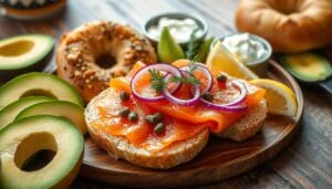 Bagels topped with lox, cream cheese, capers, and red onion, ready to be enjoyed.