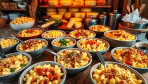 A mac n cheese bar with various toppings and mix-ins like bacon, breadcrumbs, and vegetables for customizing the dish.