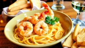 Olive Garden-style shrimp scampi with shrimp, pasta, garlic, butter, and a sprinkle of parsley