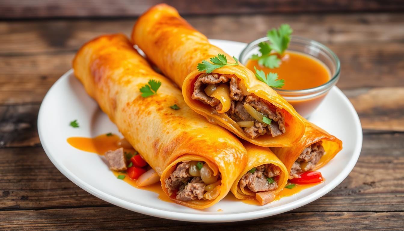 A mixture of sliced beef, melted cheese, and sautéed onions, prepared for Philly cheesesteak egg rolls