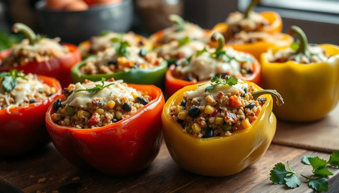 Stuffed peppers filled with vegetables, beans, and spices, without rice, topped with cheese.