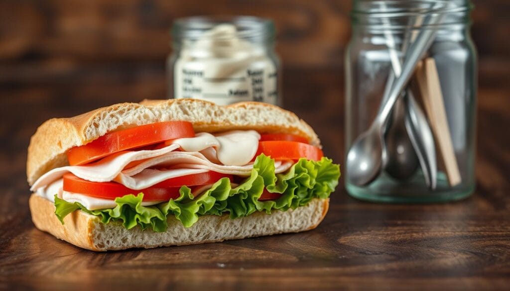 A Subway turkey sandwich loaded with fresh veggies and served on whole-grain bread, highlighting a low-calorie meal option.