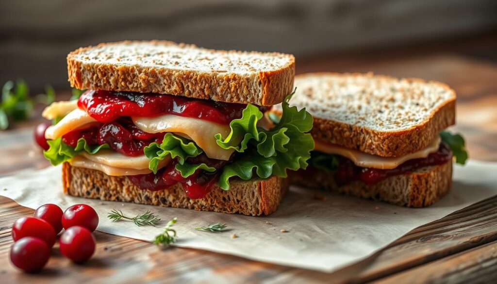 A turkey and cranberry sandwich on rustic bread, layered with fresh greens and a creamy spread, perfect for a festive treat.