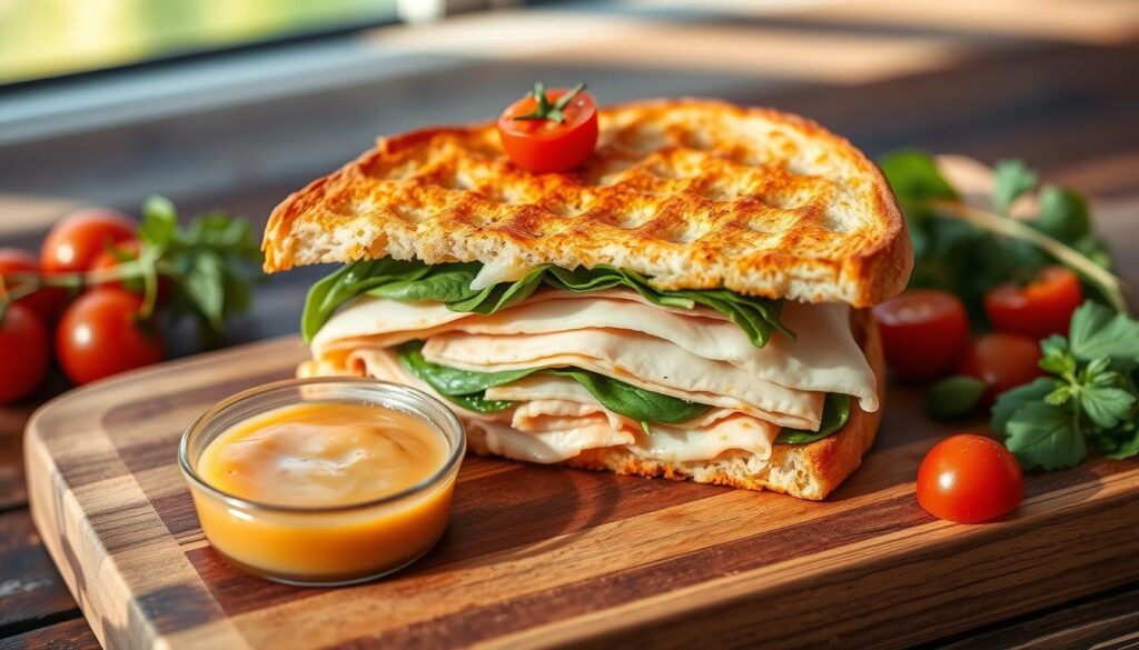 A warm turkey panini grilled to perfection, filled with slices of turkey, melted cheese, and crispy bread